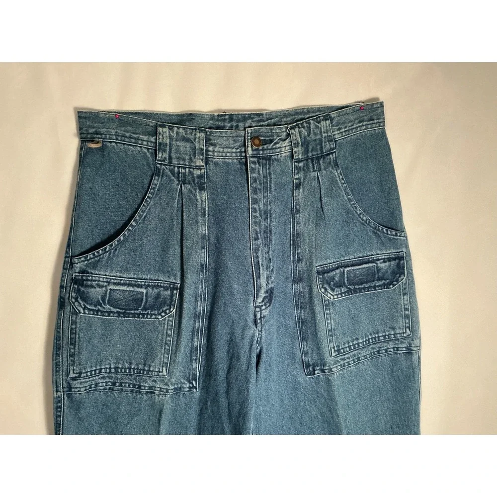 RW Rugged Vintage Mens Blue Denim Cargo Pants Pleated Relaxed Fit 36x32 Utility